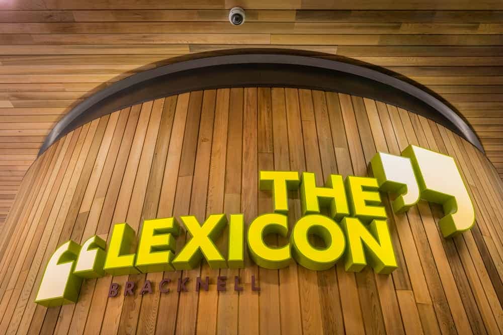 Identity sign for The Lexicon, Bracknell constructed of individual letters on a slatted timber background