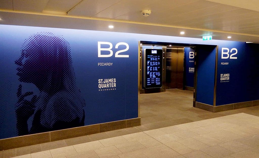 St James Quarter, Edinburgh - wall graphics and index signs in the lift lobby