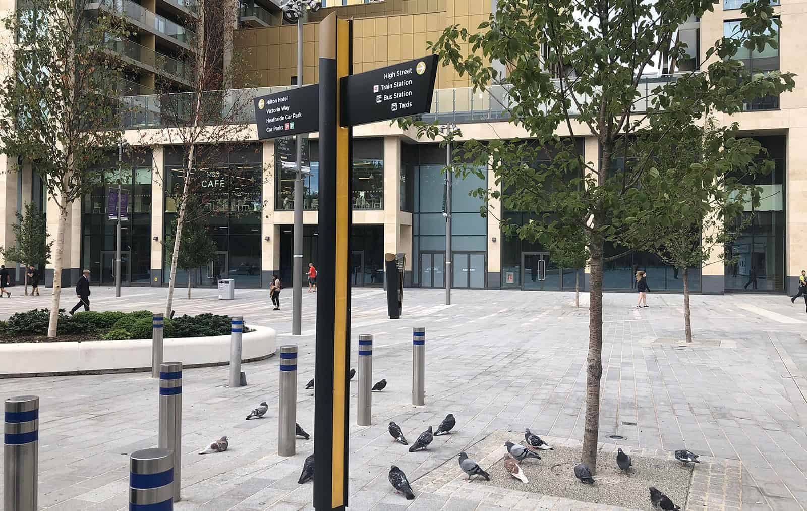 Wayfinding and signage fingerpost design for Victoria Square, Woking