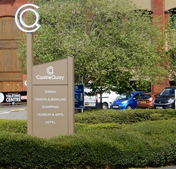 Car Park Entrance and welcome sign to Castle Quay