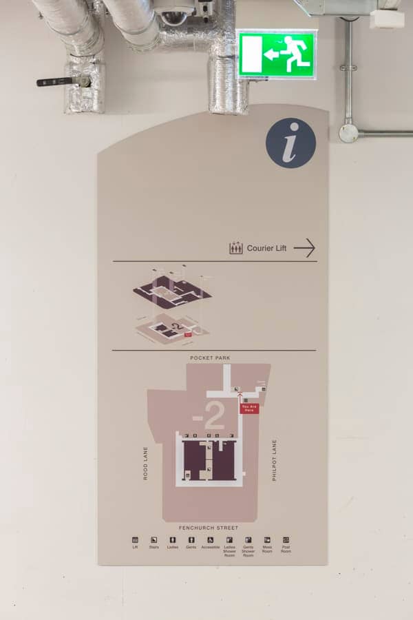 Close up view of the basement plan sign within 20 Fenchurch St.