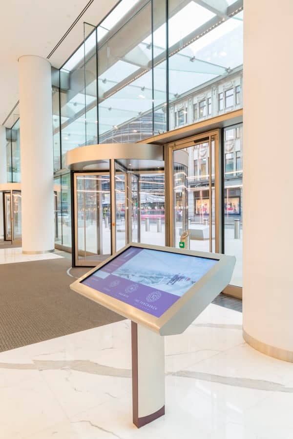Design of content and stand for digital information screen located in the office reception area in 20 Fenchurch St