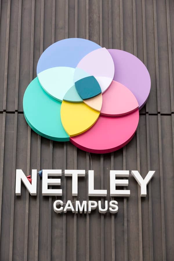 External brand identity sign for Netley Campus applied to a brown textured surface. The design consists a of petal shaped logotype made from four overlapping circles in blue, purple, pink and green, to create a further four petals where the circles overlap in varying pastel shades. The Netley Campus name is arranged underneath the logo type in individual white letters
