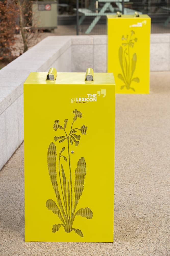 Decorative shrouds designed for The Lexicon, Bracknell to protect electric points - featuring brand imagery