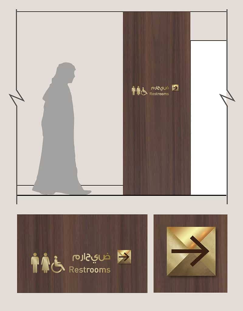 CGI of brass coloured directional signs on a wooden surface