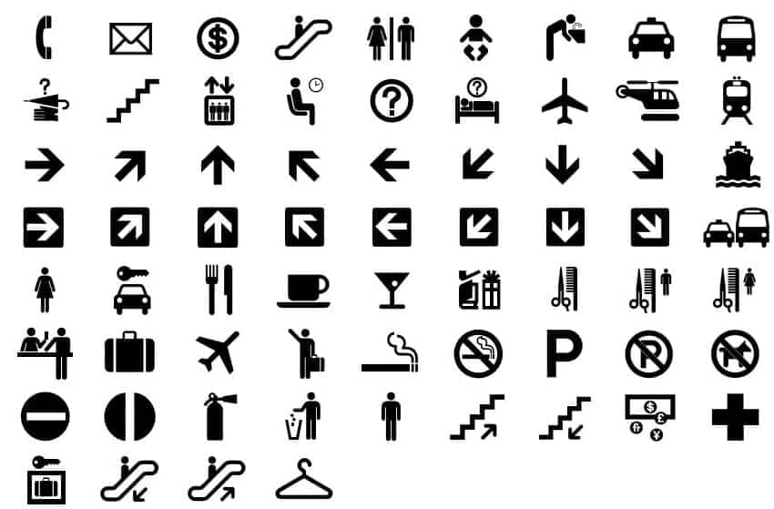 Department of Transport pictograms showing various symbols as black outlines
